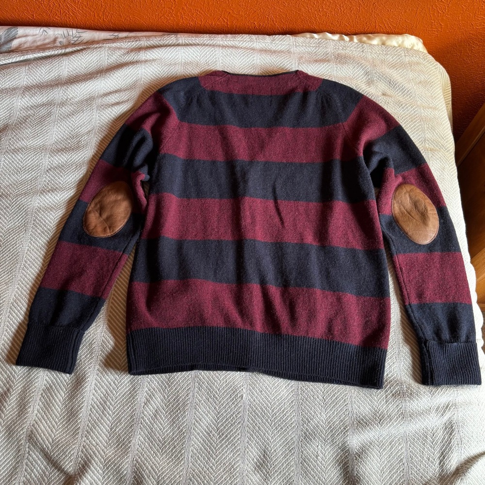 Scotch & Soda Mens XXL Wool Cardigan Striped Leather Elbow Patches Burgundy Navy - Picture 5 of 11